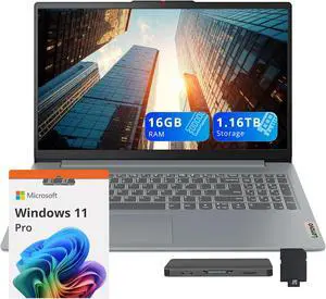 Lenovo IdeaPad Slim 3 15.6" FHD Display Laptop, AMD Ryzen 5 5625U, 16GB RAM, 1.16TB Storage (1TB SSD + 160GB Docking Station Set), AMD Radeon Graphics, Windows 11 Pro, Gray