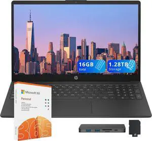 HP 15.6" FHD IPS Laptop, Intel 7 150U,1.28TB Storage(1TB SSD+288GB Docking Station Set), 16GB RAM, Intel Graphics, Numeric Keypad, 1 Year Office 365, Windows 11 Pro, Black