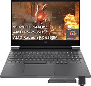 HP Victus 15.6" FHD 144 Hz Gaming Laptop, AMD Ryzen 5-7535HS, 64GB DDR5, 2TB PCIe SSD, AMD Radeon RX 6550M Graphics, Backlit Keyboard, Wi-Fi 6, Windows 11 Pro, Mica Silver, 128GB Docking Station Set