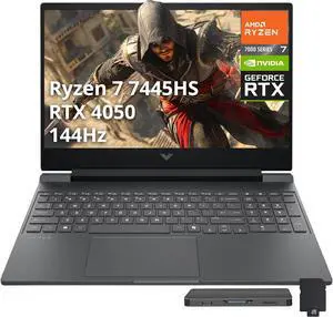 HP Victus 15.6" FHD 144Hz Gaming Laptop, AMD Ryzen 7 7445HS, NVIDIA GeForce RTX 4050, 64GB DDR5, 4TB PCIe SSD, Backlit Keyboard, Copilot, Wi-Fi 6, Windows 11 Pro, Mica Silver, 1TB Docking Station Set