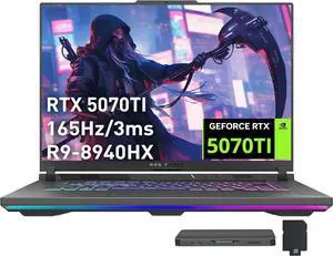 ASUS ROG Strix G16 Gaming Laptop, GeForce RTX 5070 Ti 12GB GDDR7, AMD Ryzen 9 8940HX, 16GB DDR5, 1TB SSD, Backlit Keyboard, 16" WUXGA 165Hz Display, Win 11 Pro, Gray, 1TB Docking Station Set