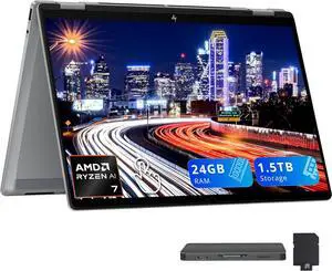 HP OmniBook X Flip 14" 14" 2K Touch-Screen 2-in-1 Laptop,AMD Ryzen AI 7 350, 24GB LPDDR5X, 1.5TB(1TB SSD+512GB Docking Station Set), AMD Radeon 860M, Backlit Keyboard, Wi-Fi 6E, Win 11 Home, Silver