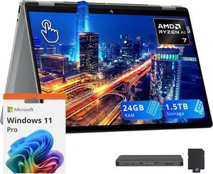 HP OmniBook X Flip 2-in-1 Laptop, 14" 2K Touchscreen Display, AMD Ryzen AI 7 350, 24GB RAM, 1.5TB Storage(1TB SSD+512GB Docking), Backlit Keyboard, Copilot+ PC, 5MP IR Camera, Win 11 Pro, Silver