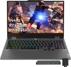Lenovo LOQ 15.6'' 144Hz FHD Gaming Laptop, AMD Ryzen 7 8845HS 16GB RAM, 1TB SSD, NVIDIA GeForce RTX 4060, Backlit Keyboard,  Windows 11 Pro, Luna Grey, 1TB Docking Station Set