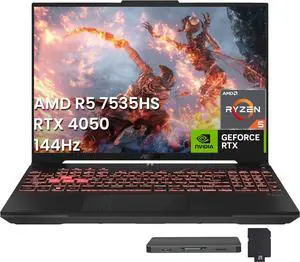 ASUS TUF A16 16" FHD+ 144Hz Gaming Laptop, AMD Ryzen 5 7535HS 16GB RAM, 512GB SSD, NVIDIA GeForce RTX 4050, Backlit Keyboard, Num Pad, Win 11 Pro, Black, 1TB Docking Station Set