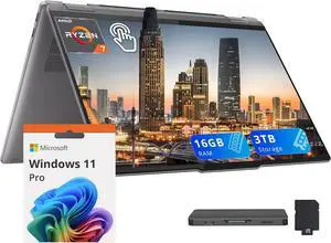 Lenovo Yoga 7 2-in-1 16" 2K WUXGA Touchscreen Laptop, AMD Ryzen 7 8840HS, 16GB RAM, 3TB Storage (2TB SSD+1TB Docking Station Set), Backlit Keyboard, Fingerprint, Windows 11 Pro, Gray