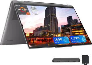 Lenovo Yoga 7 2-in-1 16" 2K WUXGA Touchscreen Laptop, AMD Ryzen 7 8840HS, 16GB RAM, 1.5TB Storage (512GB SSD+1TB Docking Station Set), Backlit Keyboard, Fingerprint, Windows 11 Home, Gray