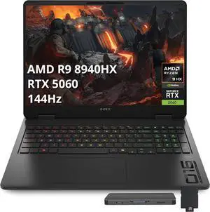 HP Omen 16" 2K 144Hz Gaming Laptop, AMD Ryzen 9 8940HX 32GB RAM, 1TB SSD, NVIDIA GeForce RTX 5060, Backlit Keyboard, Copilot, Windows 11 Pro, Shadow Black, 1TB Docking Station Set