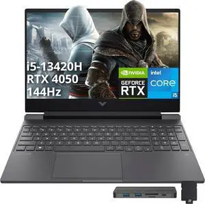 HP Victus 15.6" 144Hz FHD Gaming Laptop, Intel i5-13420H, 16GB RAM, 1TB PCIe SSD, NVIDIA GeForce RTX 4050, Backlit Keyboard, Windows 11 Pro, Mica Silver, 1TB Docking Station Set