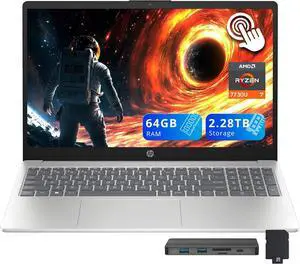 HP 15.6" FHD IPS Touchscreen Laptop, AMD Ryzen 7 7730U, 64GB RAM, 2.28TB Storage (2TB SSD+288GB Docking Station Set), AMD Radeon Graphics, Numeric Keypad, Windows 11 Home, Silver