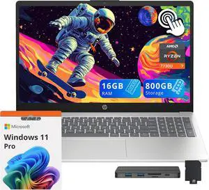 HP 15.6" FHD IPS Touchscreen Laptop, AMD Ryzen 7 7730U, 16GB RAM, 800GB Storage (512GB SSD+288GB Docking Station Set), AMD Radeon Graphics, Numeric Keypad, Windows 11 Pro, Silver