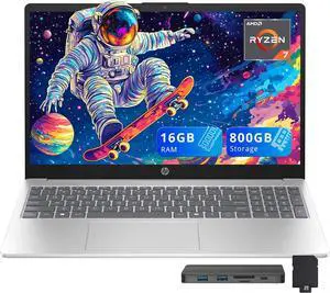 HP 15.6" FHD IPS Laptop, AMD Ryzen 7 5825U, 16GB DDR4 RAM, 800GB Storage (512GB SSD+288GB Docking Station Set), AMD Radeon Graphics, Numeric Keypad, Windows 11 Home, Silver