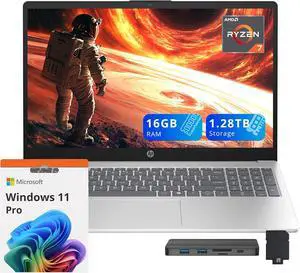 HP 15.6" FHD IPS Laptop, AMD Ryzen 7 5825U, 16GB DDR4 RAM, 1.28TB Storage (1TB SSD+288GB Docking Station Set), AMD Radeon Graphics, Numeric Keypad, Windows 11 Pro, Silver