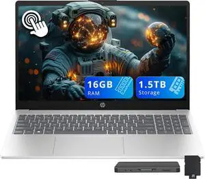 HP 15.6" FHD Touchscreen Laptop, Intel Core i5 1334U, 16GB RAM, 1.5TB Storage (512GB SSD+1TB Docking Station Set), Intel Graphics, Numeric Pad, Copilot, Windows 11 Home, Natural Silver