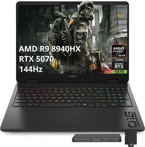 HP Omen 16" FHD 144Hz Gaming Laptop, AMD Ryzen 9 8940HX, 16GB DDR5, 512GB PCIe SSD, NVIDIA GeForce RTX 5070, RGB Backlit Keyboard, Windows 11 Home, Black, 1TB Docking Station Set