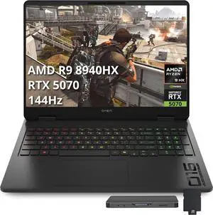 HP Omen 16" FHD 144Hz Gaming Laptop, AMD Ryzen 9 8940HX, 16GB DDR5, 512GB PCIe SSD, NVIDIA GeForce RTX 5070, RGB Backlit Keyboard, Windows 11 Pro, Black, 1TB Docking Station Set