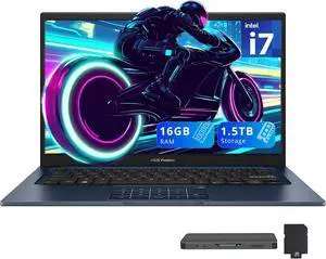 ASUS Vivobook 14 14" FHD Business Laptop, Intel i7-1355U, 16GB RAM, 1.5TB Storage (512GB SSD+1TB Docking Station Set), Intel UHD Graphics, HD Webcam, Windows 11 Pro, Quiet Blue