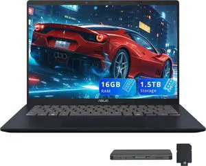 ASUS Vivobook 14" WUXGA Laptop, Qualcomm Snapdragon X Processor, 16GB RAM, 1.5TB Storage (512GB SSD + 1TB Docking Station Set), Qualcomm Adreno Graphics, AI Copilot, Windows 11, Quiet Blue