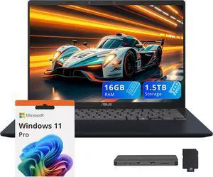 ASUS Vivobook 14" WUXGA Laptop, Qualcomm Snapdragon X Processor, 16GB RAM, 1.5TB Storage (512GB SSD + 1TB Docking Station Set), Qualcomm Adreno Graphics, AI Copilot, Windows 11 Pro, Quiet Blue