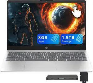 HP 15.6" FHD Touchscreen Laptop, AMD Ryzen 5 7520U, 8GB LPDDR5, 1.5TB Storage (512GB SSD+1TB Docking Station Set), AMD Radeon Graphics, Full-Size Keyboard, Copilot, Windows 11 Home, Silver