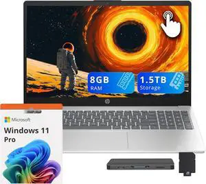 HP 15.6" FHD Touchscreen Laptop, AMD Ryzen 5 7520U, 8GB LPDDR5, 1.5TB Storage (512GB SSD+1TB Docking Station Set), AMD Radeon Graphics, Full-Size Keyboard, Copilot, Windows 11 Pro, Silver