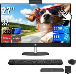HP All-in-One Desktop, 27" FHD IPS Touchscreen Display, AMD Ryzen 7 7730U, 64GB RAM, 5TB Storage (4TB SSD+1 TB Docking Station), AMD Radeon Graphics, Wireless Keyboard & Mouse, Win 11, Black HP All-in-One Desktop, 27" FHD IPS Touchscreen Display, AMD Ryzen 7 7730U, 64GB RAM, 5TB Storage (4TB SSD+1 TB Docking Station), AMD Radeon Graphics, Wireless Keyboard & Mouse, Win 11, Black