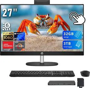 HP All-in-One Desktop, 27" FHD IPS Touchscreen Display, AMD Ryzen 7 7730U, 32GB RAM, 3TB Storage (2TB SSD+1 TB Docking Station), AMD Radeon Graphics, Wireless Keyboard & Mouse, Win 11 Pro, Black HP All-in-One Desktop, 27" FHD IPS Touchscreen Display, AMD Ryzen 7 7730U, 32GB RAM, 3TB Storage (2TB SSD+1 TB Docking Station), AMD Radeon Graphics, Wireless Keyboard & Mouse, Win 11 Pro, Black