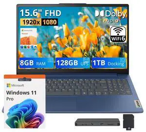 Lenovo IdeaPad Slim 3 15.6" Anti-Glare FHD Laptop, Intel N150, Intel Graphics, 8GB RAM, 1.12TB Storage(128GB UFS+1TB Docking Station Set), Microsoft 365, Num Pad, Long Battery Life, Win11 Pro, Blue Lenovo IdeaPad Slim 3 15.6" Anti-Glare FHD Laptop, Intel N150, Intel Graphics, 8GB RAM, 1.12TB Storage(128GB UFS+1TB Docking Station Set), Microsoft 365, Num Pad, Long Battery Life, Win11 Pro, Blue