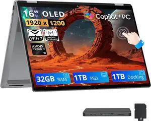 HP OmniBook X Flip 2-in-1 16" FHD+ OLED Touchscreen Laptop, AMD Ryzen AI 9 465, 32GB LPDDR5X, 2TB Storage (1TB SSD+1TB Docking Station), Backlit Keyboard, Copilot+ PC, Wi-Fi 7, Win 11, Silver HP OmniBook X Flip 2-in-1 16" FHD+ OLED Touchscreen Laptop, AMD Ryzen AI 9 465, 32GB LPDDR5X, 2TB Storage (1TB SSD+1TB Docking Station), Backlit Keyboard, Copilot+ PC, Wi-Fi 7, Win 11, Silver