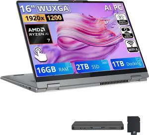 Lenovo IdeaPad 5 2-in-1 16" WUXGA Touchscreen Laptop,AMD Ryzen 7 8845HS,16GB RAM,2TB SSD+1TB Dock Set,AMD Radeon 780M,Backlit Keyboard,Fingerprint,Win11,Grey Lenovo IdeaPad 5 2-in-1 16" WUXGA Touchscreen Laptop,AMD Ryzen 7 8845HS,16GB RAM,2TB SSD+1TB Dock Set,AMD Radeon 780M,Backlit Keyboard,Fingerprint,Win11,Grey