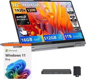 Lenovo IdeaPad 5 2-in-1 16" WUXGA Touchscreen Laptop,AMD Ryzen 7 8845HS,16GB RAM,512GB SSD+1TB Dock Set,AMD Radeon 780M,Backlit Keyboard,Fingerprint,Win11 Pro,Grey Lenovo IdeaPad 5 2-in-1 16" WUXGA Touchscreen Laptop,AMD Ryzen 7 8845HS,16GB RAM,512GB SSD+1TB Dock Set,AMD Radeon 780M,Backlit Keyboard,Fingerprint,Win11 Pro,Grey