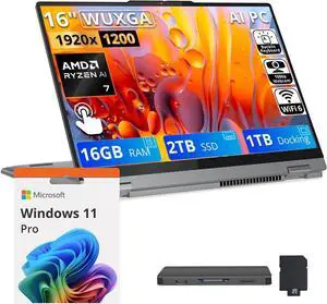 Lenovo IdeaPad 5 2-in-1 16" WUXGA Touchscreen Laptop,AMD Ryzen 7 8845HS,16GB RAM,2TB SSD+1TB Dock Set,AMD Radeon 780M,Backlit Keyboard,Fingerprint,Win11 Pro,Grey Lenovo IdeaPad 5 2-in-1 16" WUXGA Touchscreen Laptop,AMD Ryzen 7 8845HS,16GB RAM,2TB SSD+1TB Dock Set,AMD Radeon 780M,Backlit Keyboard,Fingerprint,Win11 Pro,Grey