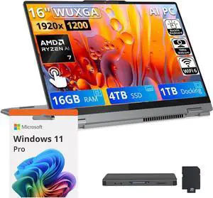 Lenovo IdeaPad 5 2-in-1 16" WUXGA Touchscreen Laptop,AMD Ryzen 7 8845HS,16GB RAM,4TB SSD+1TB Dock Set,AMD Radeon 780M,Backlit Keyboard,Fingerprint,Win11 Pro,Grey Lenovo IdeaPad 5 2-in-1 16" WUXGA Touchscreen Laptop,AMD Ryzen 7 8845HS,16GB RAM,4TB SSD+1TB Dock Set,AMD Radeon 780M,Backlit Keyboard,Fingerprint,Win11 Pro,Grey
