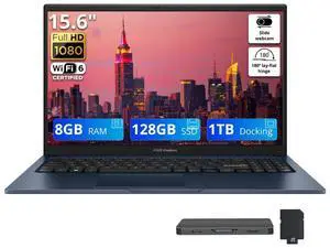 ASUS Vivobook 15.6" FHD Laptop, Intel Core 3 100U, 8GB DDR5, 1.12TB Storage (128GB SSD + 1TB Docking Station Set), Intel Graphics, Number Pad, 720p Webcam, Wi-Fi 6, Win 11, Quiet Blue ASUS Vivobook 15.6" FHD Laptop, Intel Core 3 100U, 8GB DDR5, 1.12TB Storage (128GB SSD + 1TB Docking Station Set), Intel Graphics, Number Pad, 720p Webcam, Wi-Fi 6, Win 11, Quiet Blue