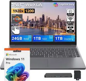 Lenovo IdeaPad Slim 3 15.3" WUXGA Touchscreen Laptop, AMD Ryzen 7 8840HS, 24GB DDR5 RAM, 2TB Storage (1TB SSD + 1TB Docking Station), Backlit Keyboard, Numeric Keypad, Windows 11 Pro, Luna Gray Lenovo IdeaPad Slim 3 15.3" WUXGA Touchscreen Laptop, AMD Ryzen 7 8840HS, 24GB DDR5 RAM, 2TB Storage (1TB SSD + 1TB Docking Station), Backlit Keyboard, Numeric Keypad, Windows 11 Pro, Luna Gray