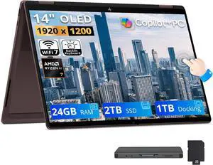 HP OmniBook X Flip 2-in-1 14" 2K OLED Touchscreen Laptop, AMD Ryzen AI 7 445, 24GB LPDDR5X, 3TB Storage (2TB SSD+1TB Docking Station), Copilot+ PC, Backlit Keyboard, Wi-Fi 7, Win 11, Deep Espresso HP OmniBook X Flip 2-in-1 14" 2K OLED Touchscreen Laptop, AMD Ryzen AI 7 445, 24GB LPDDR5X, 3TB Storage (2TB SSD+1TB Docking Station), Copilot+ PC, Backlit Keyboard, Wi-Fi 7, Win 11, Deep Espresso
