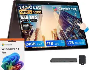 HP OmniBook X Flip 2-in-1 14" 2K OLED Touch Laptop, AMD Ryzen AI 7 445, 24GB LPDDR5X, 5TB Storage (4TB SSD+1TB Docking Station), Copilot+ PC, Backlit Keyboard, Wi-Fi 7, Win11 Pro, Deep Espresso HP OmniBook X Flip 2-in-1 14" 2K OLED Touch Laptop, AMD Ryzen AI 7 445, 24GB LPDDR5X, 5TB Storage (4TB SSD+1TB Docking Station), Copilot+ PC, Backlit Keyboard, Wi-Fi 7, Win11 Pro, Deep Espresso