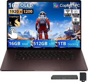 HP OmniBook X 16" 2K OLED Touch Laptop, Snapdragon X Plus X1P-42-100, 16GB RAM, 1.5TB Storage (512GB SSD+1TB Docking Station), Adreno Graphics, Copilot+ PC, Backlit, Win 11, Deep Espresso HP OmniBook X 16" 2K OLED Touch Laptop, Snapdragon X Plus X1P-42-100, 16GB RAM, 1.5TB Storage (512GB SSD+1TB Docking Station), Adreno Graphics, Copilot+ PC, Backlit, Win 11, Deep Espresso