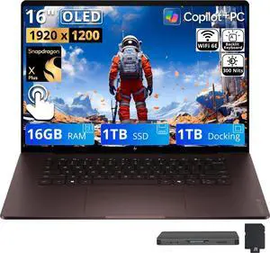 HP OmniBook X 16" 2K OLED Touch Laptop, Snapdragon X Plus X1P-42-100, 16GB RAM, 2TB Storage (1TB SSD+1TB Docking Station), Adreno Graphics, Copilot+ PC, Backlit, Win 11, Deep Espresso HP OmniBook X 16" 2K OLED Touch Laptop, Snapdragon X Plus X1P-42-100, 16GB RAM, 2TB Storage (1TB SSD+1TB Docking Station), Adreno Graphics, Copilot+ PC, Backlit, Win 11, Deep Espresso