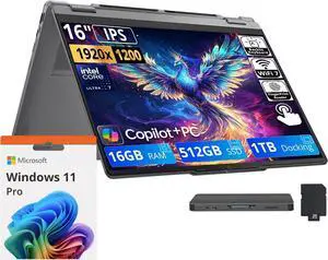 Lenovo Yoga 7i 2-in-1 16" 2K IPS Touchscreen Laptop, Intel Core Ultra 7 355, 16GB RAM, 1.5TB Storage (512GB SSD+1TB Docking Station), Copilot+ PC, Backlit Keyboard, Fingerprint, Win 11 Pro, Luna Grey Lenovo Yoga 7i 2-in-1 16" 2K IPS Touchscreen Laptop, Intel Core Ultra 7 355, 16GB RAM, 1.5TB Storage (512GB SSD+1TB Docking Station), Copilot+ PC, Backlit Keyboard, Fingerprint, Win 11 Pro, Luna Grey