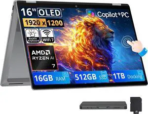 HP OmniBook X Flip 2-in-1 16" 2K OLED Touchscreen Laptop, AMD Ryzen AI 7 445, 16GB LPDDR5X, 1.5TB Storage (512GB SSD+1TB Docking Station), Copilot+ PC, Backlit Keyboard, Wi-Fi 7, Win 11, Meteor Silver HP OmniBook X Flip 2-in-1 16" 2K OLED Touchscreen Laptop, AMD Ryzen AI 7 445, 16GB LPDDR5X, 1.5TB Storage (512GB SSD+1TB Docking Station), Copilot+ PC, Backlit Keyboard, Wi-Fi 7, Win 11, Meteor Silver