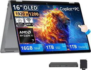HP OmniBook X Flip 2-in-1 16" 2K OLED Touchscreen Laptop, AMD Ryzen AI 7 445, 16GB LPDDR5X, 2TB Storage (1TB SSD+1TB Docking Station), Copilot+ PC, Backlit Keyboard, Wi-Fi 7, Win 11, Meteor Silver HP OmniBook X Flip 2-in-1 16" 2K OLED Touchscreen Laptop, AMD Ryzen AI 7 445, 16GB LPDDR5X, 2TB Storage (1TB SSD+1TB Docking Station), Copilot+ PC, Backlit Keyboard, Wi-Fi 7, Win 11, Meteor Silver