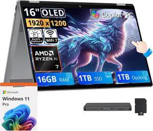 HP OmniBook X Flip 16" 2K OLED Touch 2-in-1 Copilot+ PC Laptop, AMD Ryzen AI 7 445, 16GB LPDDR5X, 2TB Storage (1TB SSD+1TB Docking Station), Backlit Keyboard, Wi-Fi 7, Win 11 Pro, Meteor Silver HP OmniBook X Flip 16" 2K OLED Touch 2-in-1 Copilot+ PC Laptop, AMD Ryzen AI 7 445, 16GB LPDDR5X, 2TB Storage (1TB SSD+1TB Docking Station), Backlit Keyboard, Wi-Fi 7, Win 11 Pro, Meteor Silver