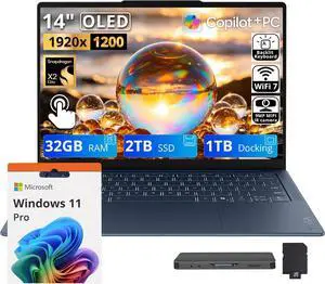 Lenovo Yoga Slim 7X 14'' WUXGA OLED Touch AI Laptop, Snapdragon X2 Elite X2E-88-100, 32GB LPDDR5X, 3TB Storage (2TB SSD+1TB Docking Station), Backlit Keyboard, Wi-Fi 7, Win 11 Pro, Cosmic Blue Lenovo Yoga Slim 7X 14'' WUXGA OLED Touch AI Laptop, Snapdragon X2 Elite X2E-88-100, 32GB LPDDR5X, 3TB Storage (2TB SSD+1TB Docking Station), Backlit Keyboard, Wi-Fi 7, Win 11 Pro, Cosmic Blue
