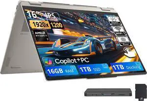 Lenovo Yoga 7a 2-in-1 16" WUXGA Touchscreen Laptop, AMD Ryzen AI 7 445, 16GB LPDDR5X, 2TB Storage (1TB SSD+1TB Docking Station), AMD Radeon 840M, Backlit Keyboard, Fingerprint, Win 11, Seashell Lenovo Yoga 7a 2-in-1 16" WUXGA Touchscreen Laptop, AMD Ryzen AI 7 445, 16GB LPDDR5X, 2TB Storage (1TB SSD+1TB Docking Station), AMD Radeon 840M, Backlit Keyboard, Fingerprint, Win 11, Seashell