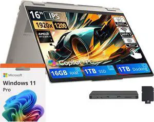 Lenovo Yoga 7a 2-in-1 Laptop, 16" WUXGA Touchscreen Display, AMD Ryzen AI 7 445, 16GB LPDDR5X, 2TB Storage (1TB SSD+1TB Docking Station), Backlit Keyboard, Fingerprint Reader, Win 11 Pro, Seashell Lenovo Yoga 7a 2-in-1 Laptop, 16" WUXGA Touchscreen Display, AMD Ryzen AI 7 445, 16GB LPDDR5X, 2TB Storage (1TB SSD+1TB Docking Station), Backlit Keyboard, Fingerprint Reader, Win 11 Pro, Seashell