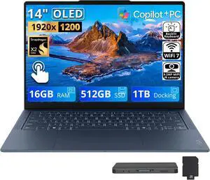 Lenovo Yoga Slim 7X 14'' WUXGA Touch Copilot+ PC Laptop, Snapdragon X2E-80-100, 16GB LPDDR5X, 1.5TB Storage(512GB SSD+1TB Docking Station), Qualcomm Adreno, Backlit, Wi-Fi 7, Win 11, Cosmic Blue Lenovo Yoga Slim 7X 14'' WUXGA Touch Copilot+ PC Laptop, Snapdragon X2E-80-100, 16GB LPDDR5X, 1.5TB Storage(512GB SSD+1TB Docking Station), Qualcomm Adreno, Backlit, Wi-Fi 7, Win 11, Cosmic Blue