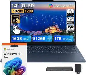 Lenovo Yoga Slim 7X 14'' WUXGA Touch Copilot+ PC Laptop, Snapdragon X2E-80-100, 16GB LPDDR5X, 1.5TB Storage(512GB SSD+1TB Docking Station), Qualcomm Adreno, Backlit, Wi-Fi 7, Win 11 Pro, Cosmic Blue Lenovo Yoga Slim 7X 14'' WUXGA Touch Copilot+ PC Laptop, Snapdragon X2E-80-100, 16GB LPDDR5X, 1.5TB Storage(512GB SSD+1TB Docking Station), Qualcomm Adreno, Backlit, Wi-Fi 7, Win 11 Pro, Cosmic Blue