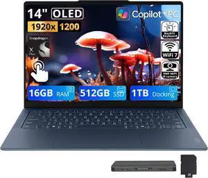 Lenovo Yoga Slim 7x 14" 2K OLED Touch Laptop, Snapdragon X2 Plus X2P-42-100, 16GB RAM, 1.5TB Storage(512GB SSD+1TB Docking Station), Qualcomm Adreno, Backlit Keyboard, Copilot+ PC, Win 11, Cosmic Blue Lenovo Yoga Slim 7x 14" 2K OLED Touch Laptop, Snapdragon X2 Plus X2P-42-100, 16GB RAM, 1.5TB Storage(512GB SSD+1TB Docking Station), Qualcomm Adreno, Backlit Keyboard, Copilot+ PC, Win 11, Cosmic Blue