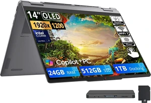 Lenovo Yoga 7i 2-in-1 14" 2K OLED Touchscreen AI Laptop, Intel Core Ultra 7 355, 24GB LPDDR5X, 1.5TB Storage (512GB SSD+1TB Docking Station), Backlit Keyboard, Fingerprint Reader, Win 11, Luna Grey Lenovo Yoga 7i 2-in-1 14" 2K OLED Touchscreen AI Laptop, Intel Core Ultra 7 355, 24GB LPDDR5X, 1.5TB Storage (512GB SSD+1TB Docking Station), Backlit Keyboard, Fingerprint Reader, Win 11, Luna Grey